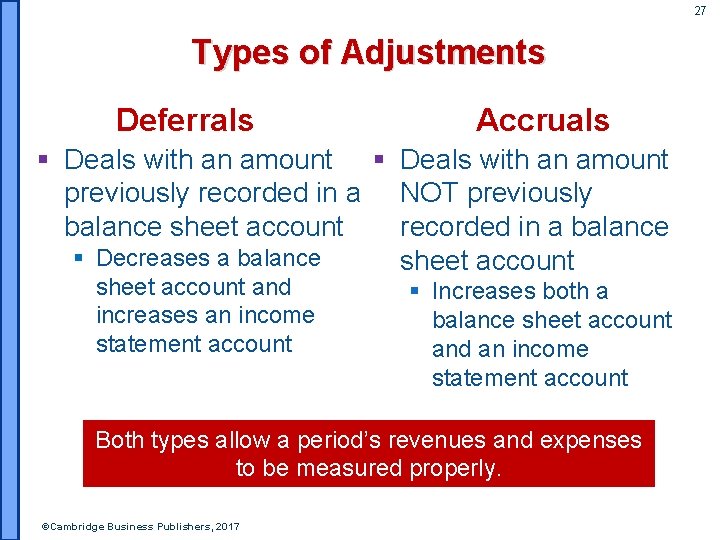 27 Types of Adjustments Deferrals Accruals § Deals with an amount previously recorded in