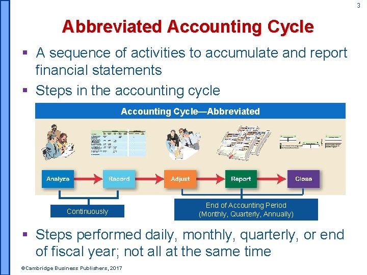 3 Abbreviated Accounting Cycle § A sequence of activities to accumulate and report financial