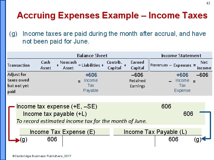 43 Accruing Expenses Example – Income Taxes (g) Income taxes are paid during the