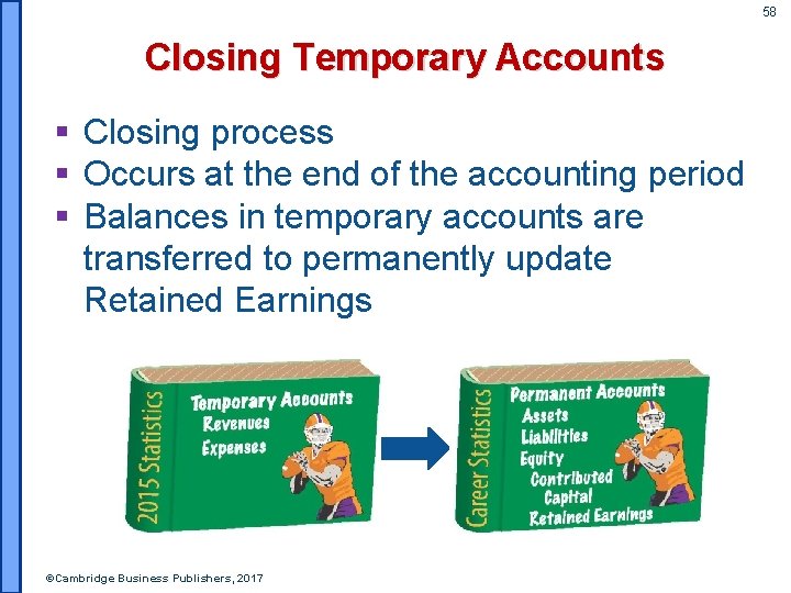 58 Closing Temporary Accounts § Closing process § Occurs at the end of the