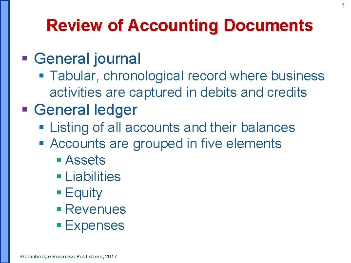 6 Review of Accounting Documents § General journal § Tabular, chronological record where business