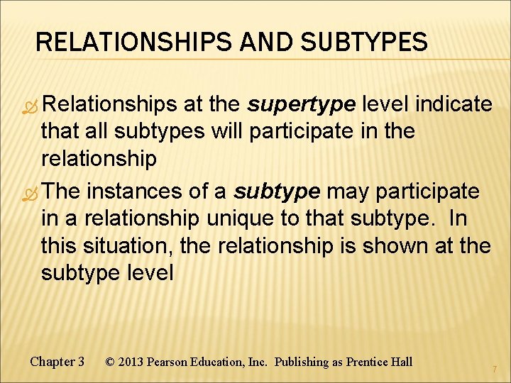 RELATIONSHIPS AND SUBTYPES Relationships at the supertype level indicate that all subtypes will participate RELATIONSHIPS AND SUBTYPES Relationships at the supertype level indicate that all subtypes will participate