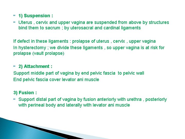  1) Suspension : Uterus , cervix and upper vagina are suspended from above