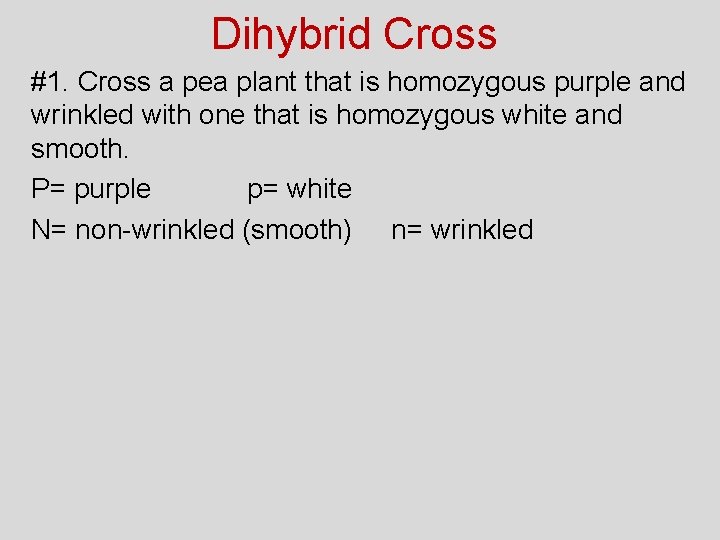 Dihybrid Cross #1. Cross a pea plant that is homozygous purple and wrinkled with