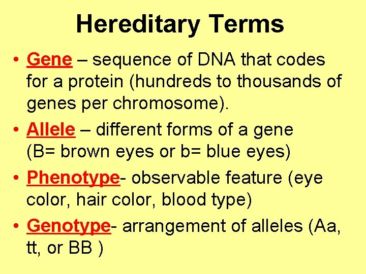 Hereditary Terms • Gene – sequence of DNA that codes for a protein (hundreds