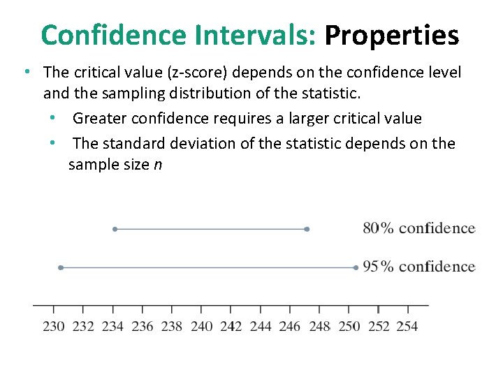 Confidence Intervals: Properties • The critical value (z-score) depends on the confidence level and
