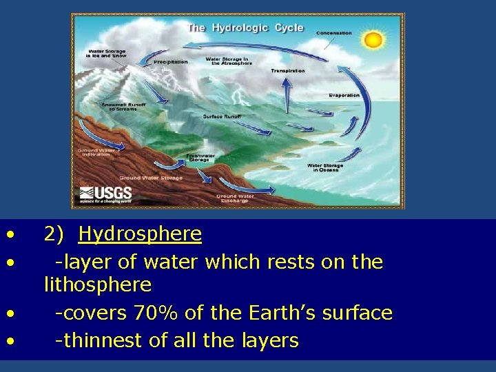  • • 2) Hydrosphere -layer of water which rests on the lithosphere -covers