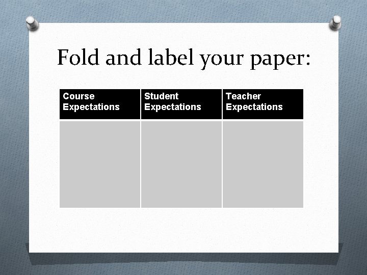 Fold and label your paper: Course Expectations Student Expectations Teacher Expectations 