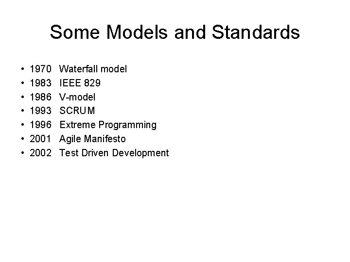 Some Models and Standards • • 1970 1983 1986 1993 1996 2001 2002 Waterfall