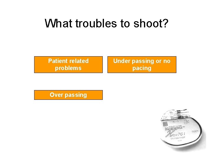What troubles to shoot? Patient related problems Over passing Under passing or no pacing