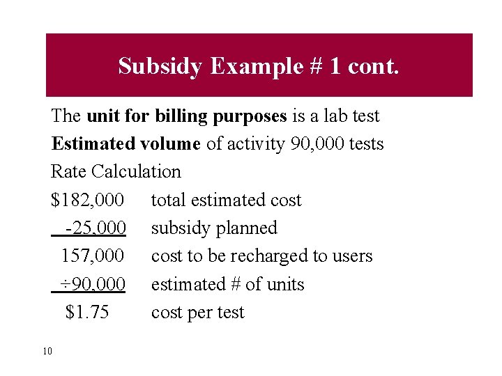Subsidy Example # 1 cont. The unit for billing purposes is a lab test