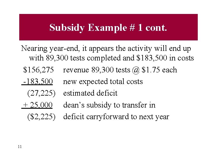 Subsidy Example # 1 cont. Nearing year-end, it appears the activity will end up