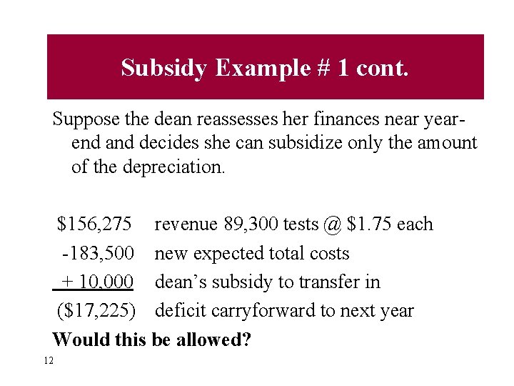 Subsidy Example # 1 cont. Suppose the dean reassesses her finances near yearend and