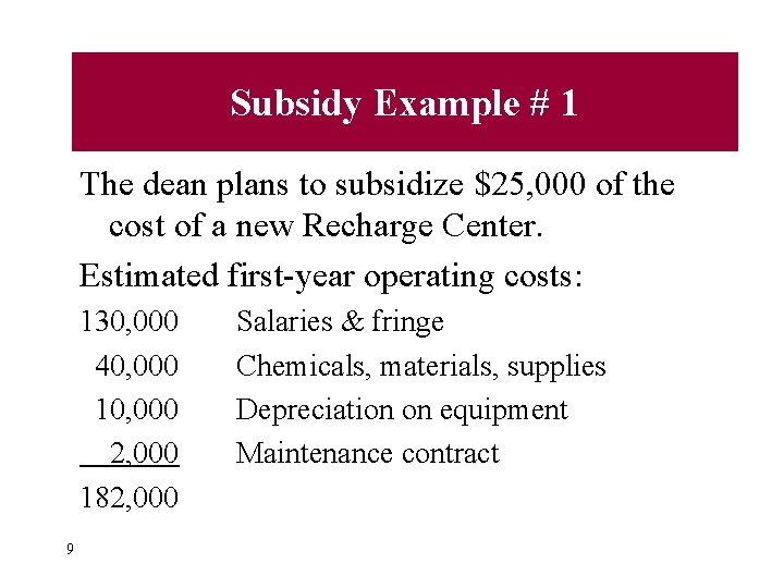 Subsidy Example # 1 The dean plans to subsidize $25, 000 of the cost