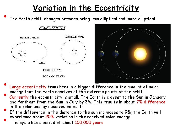 Variation in the Eccentricity • The Earth orbit changes between being less elliptical and