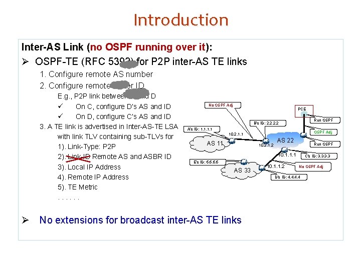 Introduction Inter-AS Link (no OSPF running over it): Ø OSPF-TE (RFC 5392) for P