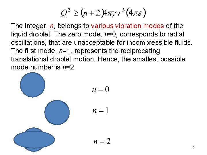 The integer, n, belongs to various vibration modes of the liquid droplet. The zero