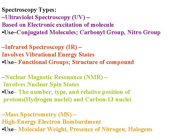 Spectroscopy Types: –Ultraviolet Spectroscopy (UV) – Based on Electronic excitation of molecule • Use–Conjugated