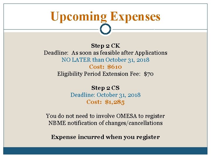 Upcoming Expenses Step 2 CK Deadline: As soon as feasible after Applications NO LATER