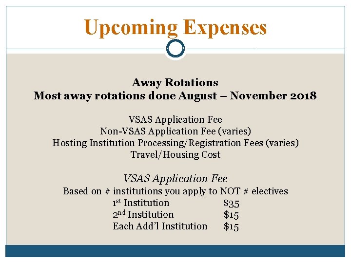 Upcoming Expenses Away Rotations Most away rotations done August – November 2018 VSAS Application