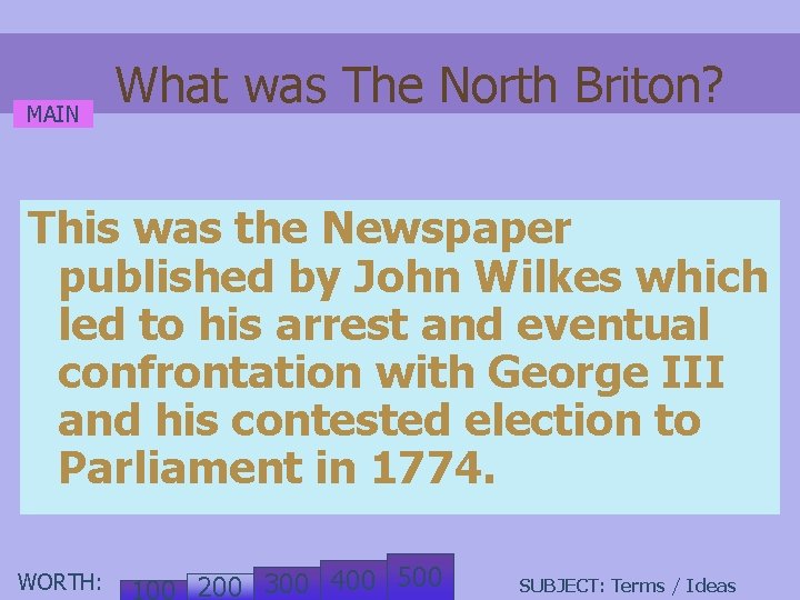 MAIN What was The North Briton? This was the Newspaper published by John Wilkes