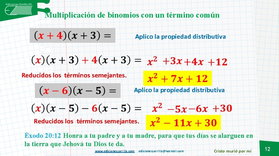 Multiplicación de binomios con un término común Aplico la propiedad distributiva Reducidos los términos