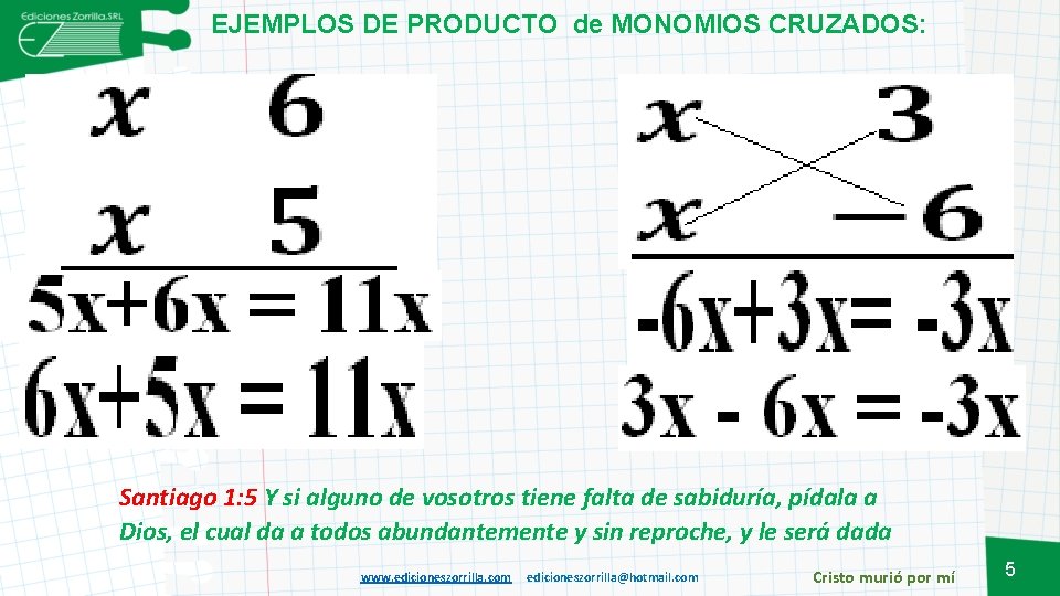 EJEMPLOS DE PRODUCTO de MONOMIOS CRUZADOS: Santiago 1: 5 Y si alguno de vosotros