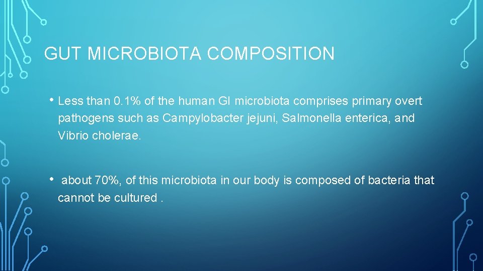 GUT MICROBIOTA COMPOSITION • Less than 0. 1% of the human GI microbiota comprises