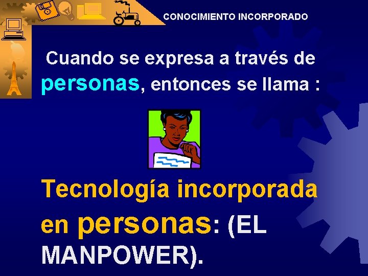 CONOCIMIENTO INCORPORADO Cuando se expresa a través de personas, entonces se llama : Tecnología