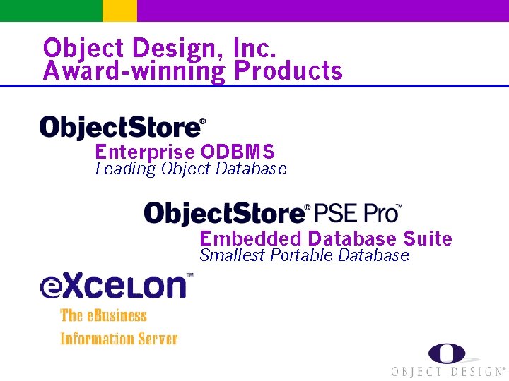 Object Design, Inc. Award-winning Products Enterprise ODBMS Leading Object Database Embedded Database Suite Smallest