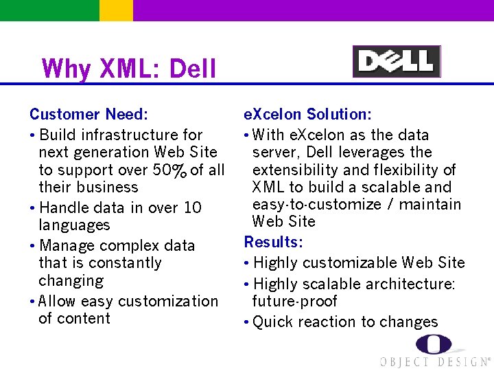 Why XML: Dell Customer Need: • Build infrastructure for next generation Web Site to