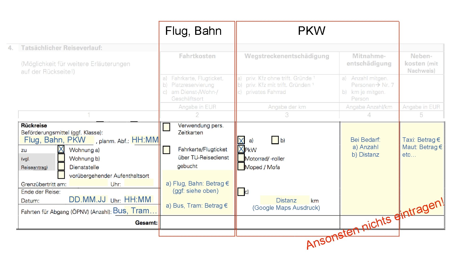 Flug, Bahn, PKW HH: MM PKW Bei Bedarf: a) Anzahl b) Distanz X X