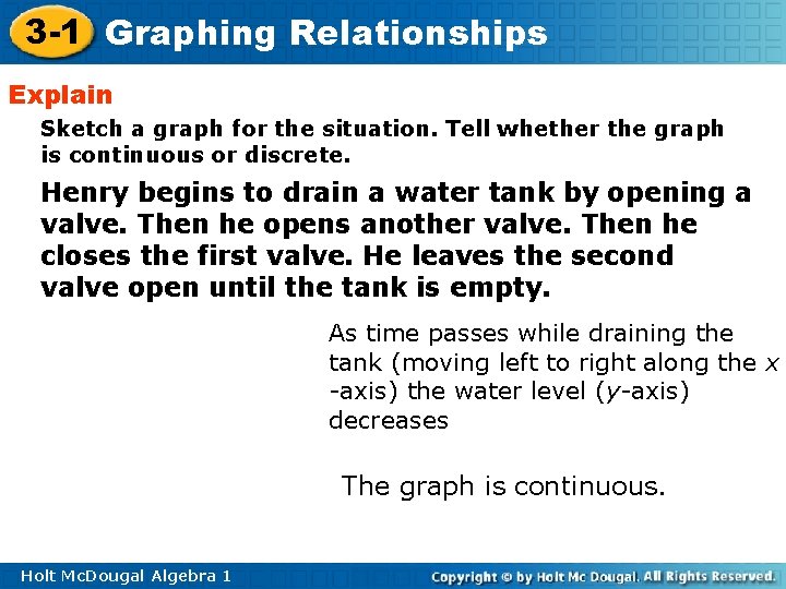 3 -1 Graphing Relationships Explain Sketch a graph for the situation. Tell whether the 3 -1 Graphing Relationships Explain Sketch a graph for the situation. Tell whether the