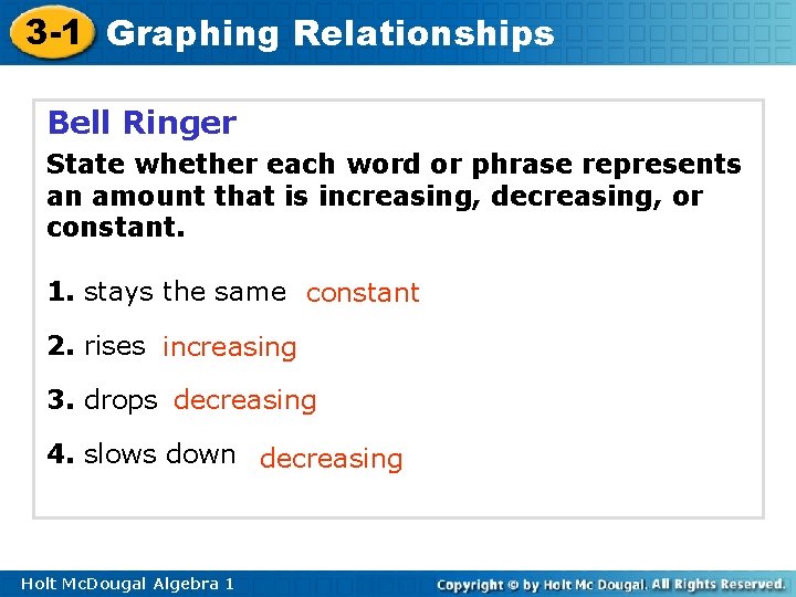 3 -1 Graphing Relationships Bell Ringer State whether each word or phrase represents an