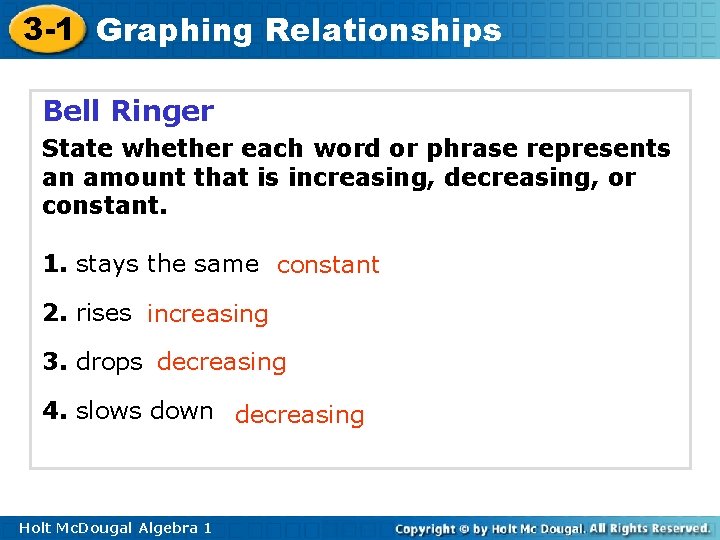 3 -1 Graphing Relationships Bell Ringer State whether each word or phrase represents an 3 -1 Graphing Relationships Bell Ringer State whether each word or phrase represents an