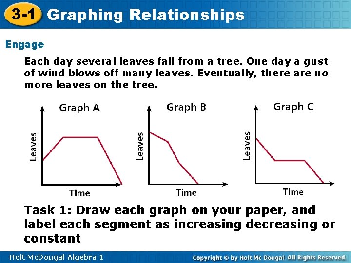 3 -1 Graphing Relationships Engage Each day several leaves fall from a tree. One 3 -1 Graphing Relationships Engage Each day several leaves fall from a tree. One