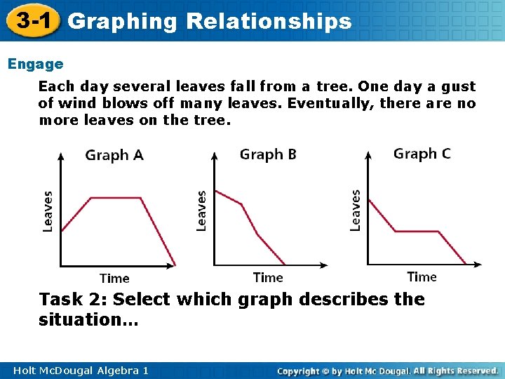 3 -1 Graphing Relationships Engage Each day several leaves fall from a tree. One