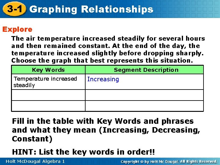 3 -1 Graphing Relationships Explore The air temperature increased steadily for several hours and