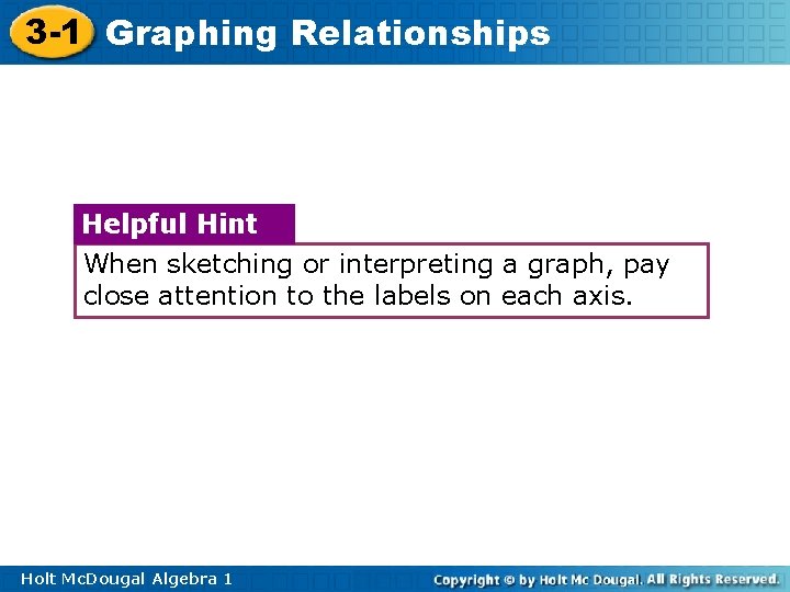 3 -1 Graphing Relationships Helpful Hint When sketching or interpreting a graph, pay close