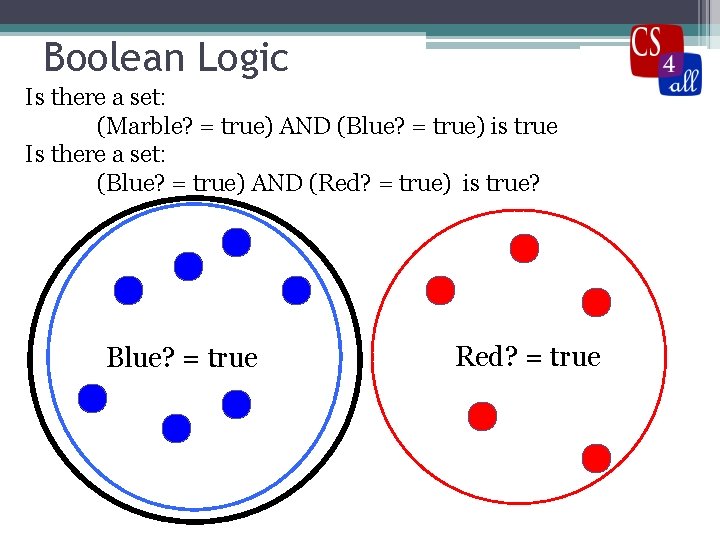 Boolean Logic Is there a set: (Marble? = true) AND (Blue? = true) is