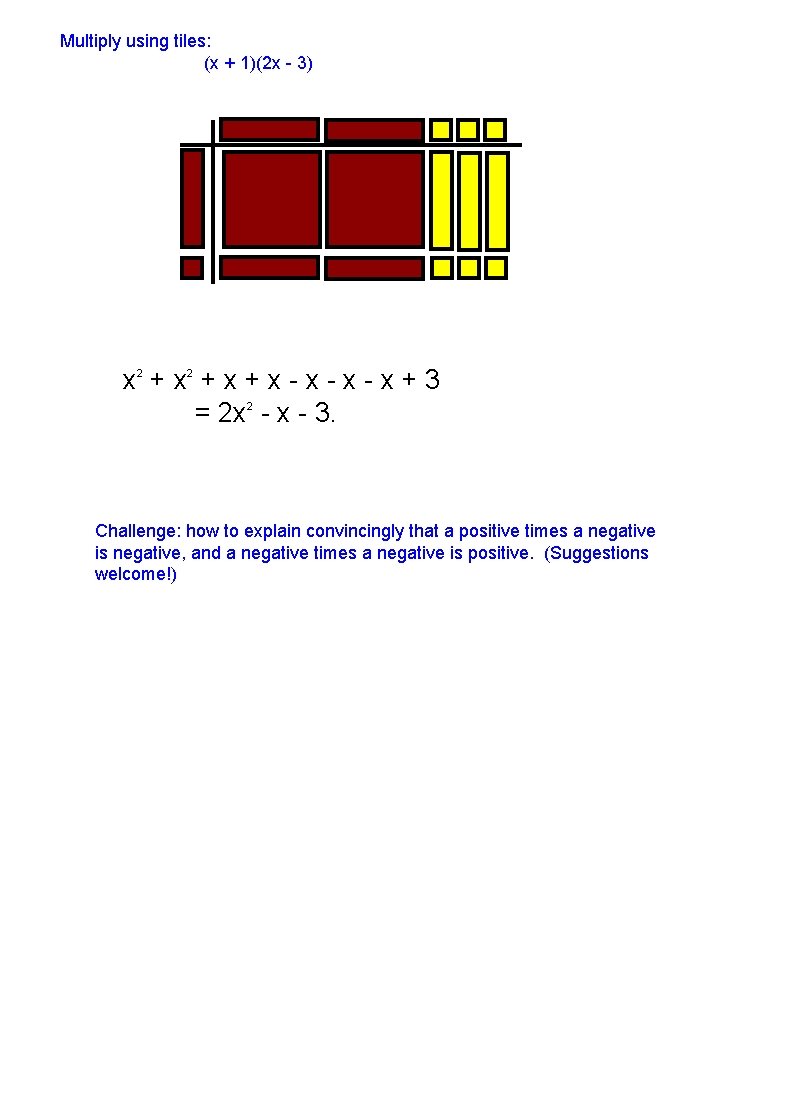 Multiply using tiles: (x + 1)(2 x - 3) x 2 + x +