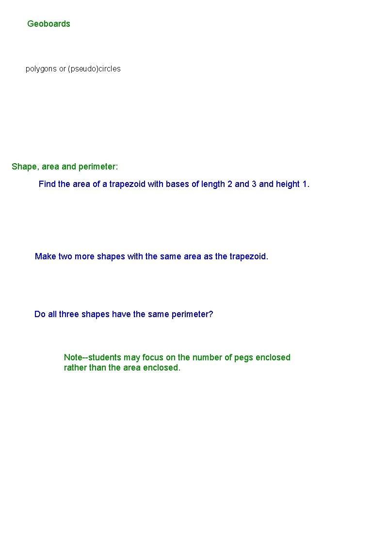 Geoboards polygons or (pseudo)circles Shape, area and perimeter: Find the area of a trapezoid
