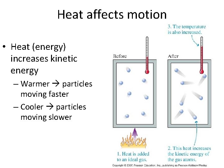 Heat affects motion • Heat (energy) increases kinetic energy – Warmer particles moving faster