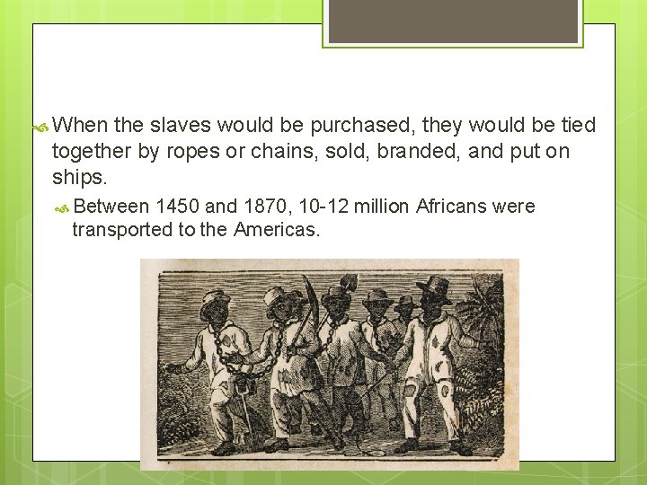  When the slaves would be purchased, they would be tied together by ropes