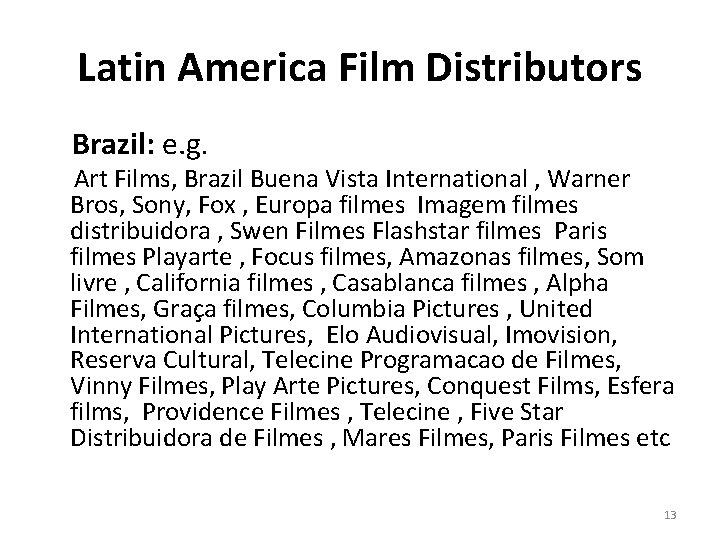 Latin America Film Distributors Brazil: e. g. Art Films, Brazil Buena Vista International ,