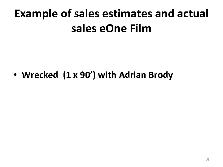 Example of sales estimates and actual sales e. One Film • Wrecked (1 x