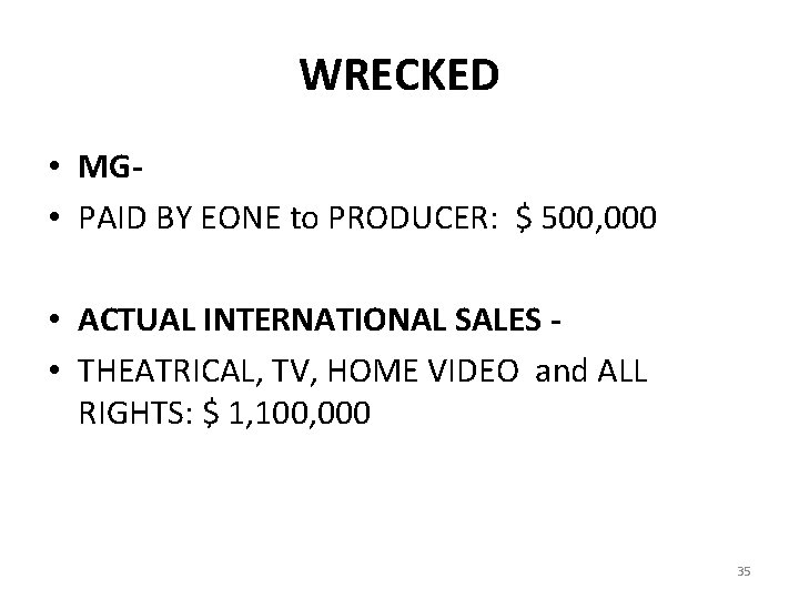 WRECKED • MG • PAID BY EONE to PRODUCER: $ 500, 000 • ACTUAL