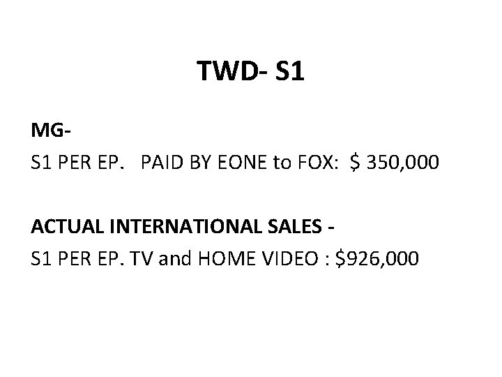 TWD- S 1 MGS 1 PER EP. PAID BY EONE to FOX: $ 350,
