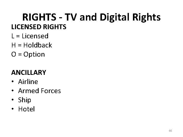 RIGHTS - TV and Digital Rights LICENSED RIGHTS L = Licensed H = Holdback