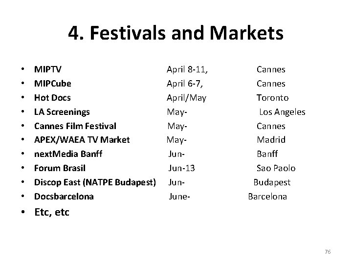 4. Festivals and Markets • • • MIPTV MIPCube Hot Docs LA Screenings Cannes